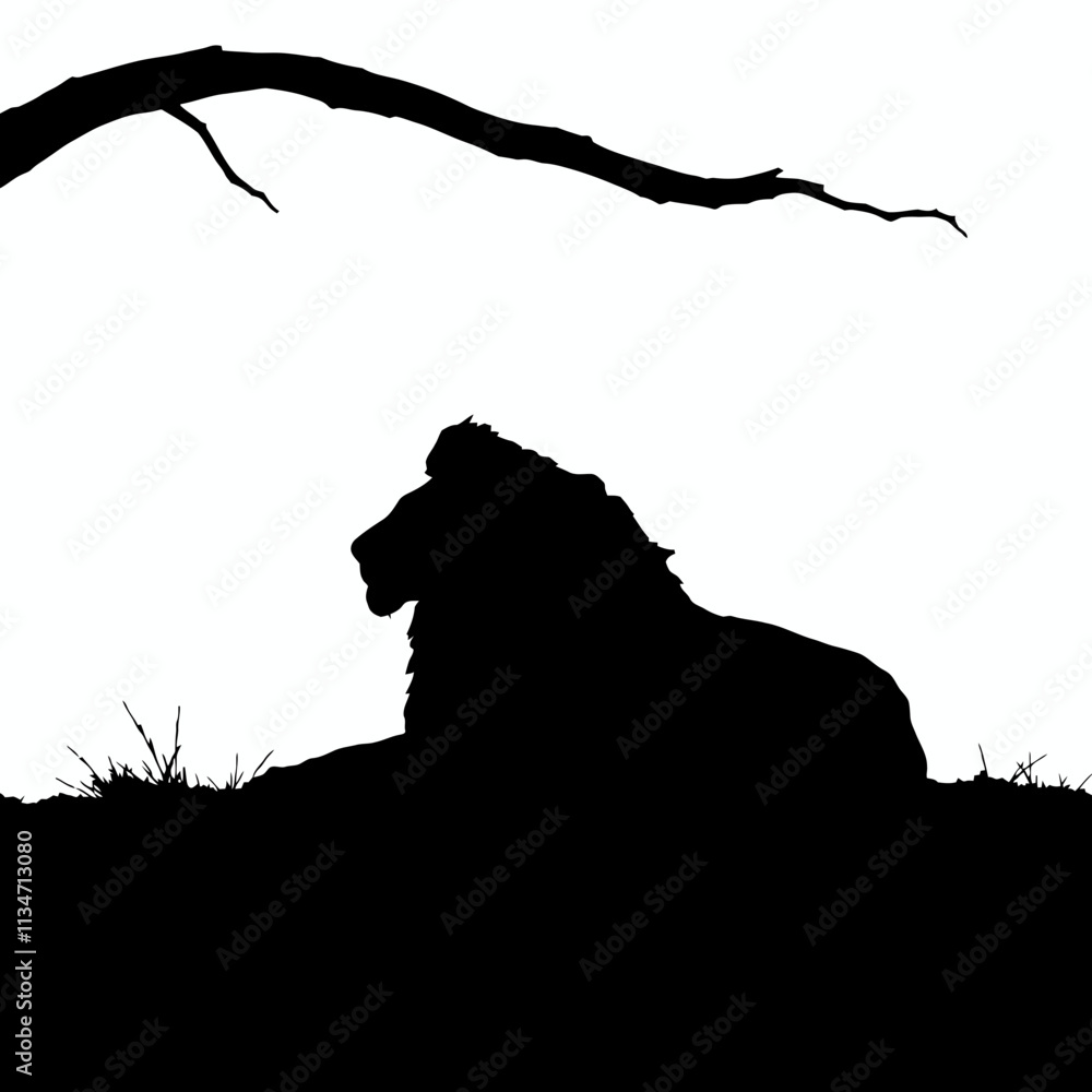 Naklejka premium Silhouette of a lion resting in the shade of a tree branch.