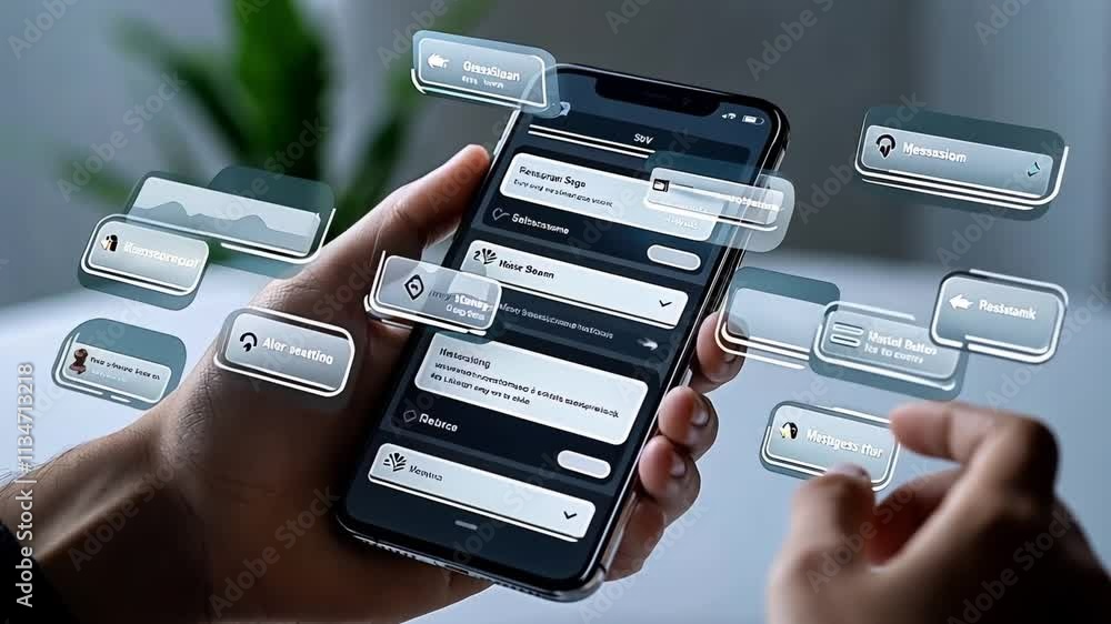 Hands holding smartphone with futuristic interface, showcasing app notifications and interactions.  Modern technology concept.