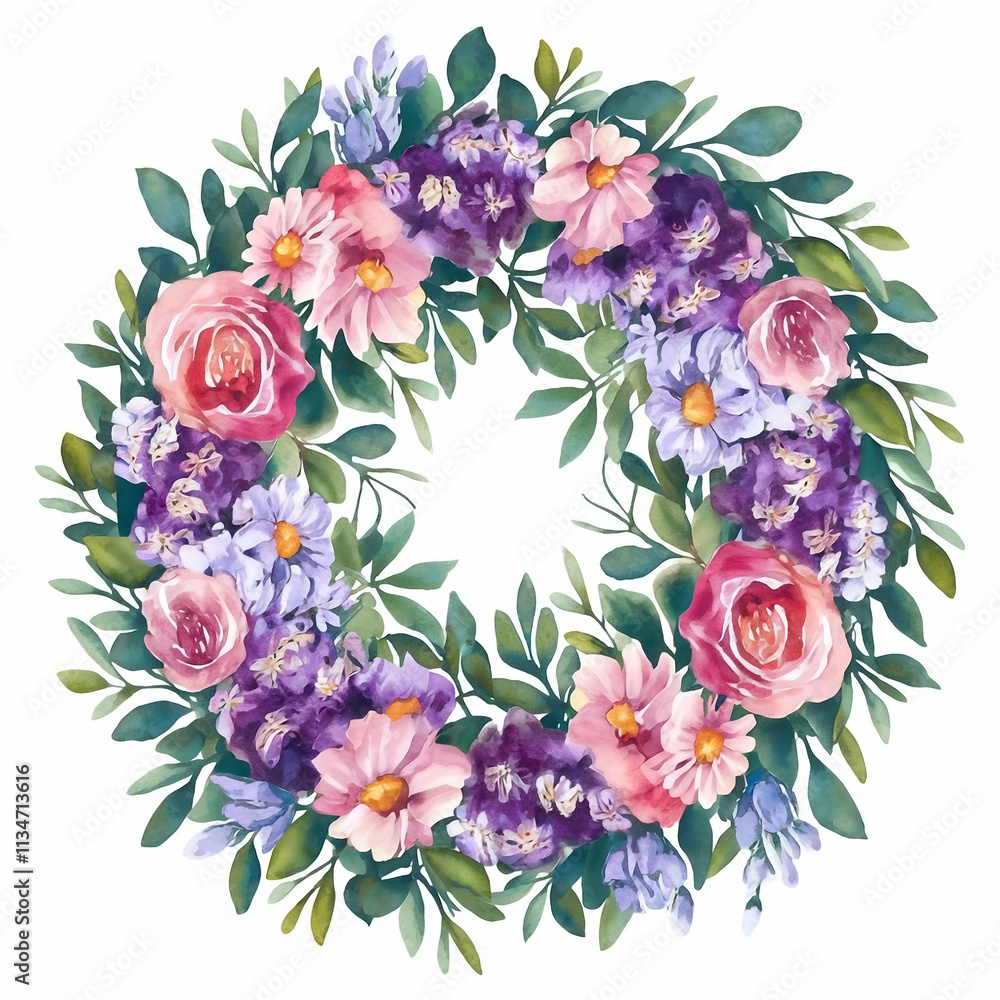 Fototapeta premium Watercolor Flower Wreath with Greenery
