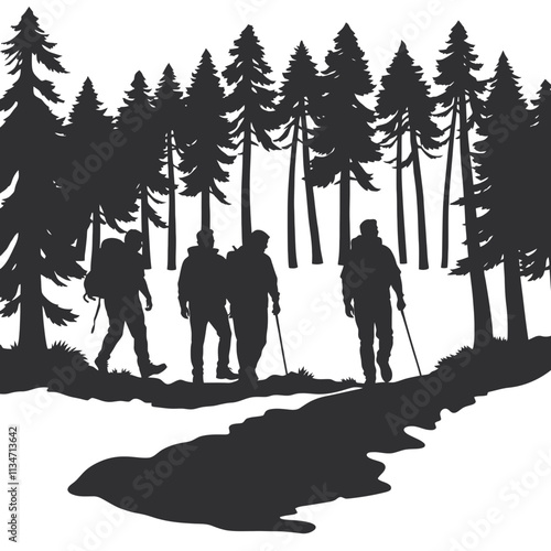 Four hikers walk through a forest, enjoying nature and a beautiful day.  The perfect image for travel, adventure, and exploration.