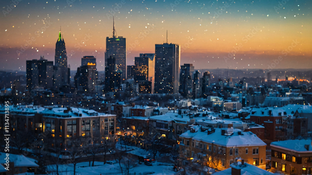 Obraz premium winter city streets at night with icy roads and warm street lamps casting light over the snow Winter Photo