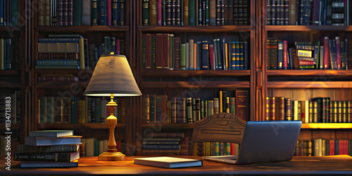 Laptop, Table Lamp, and Books on Desk in Library Setting