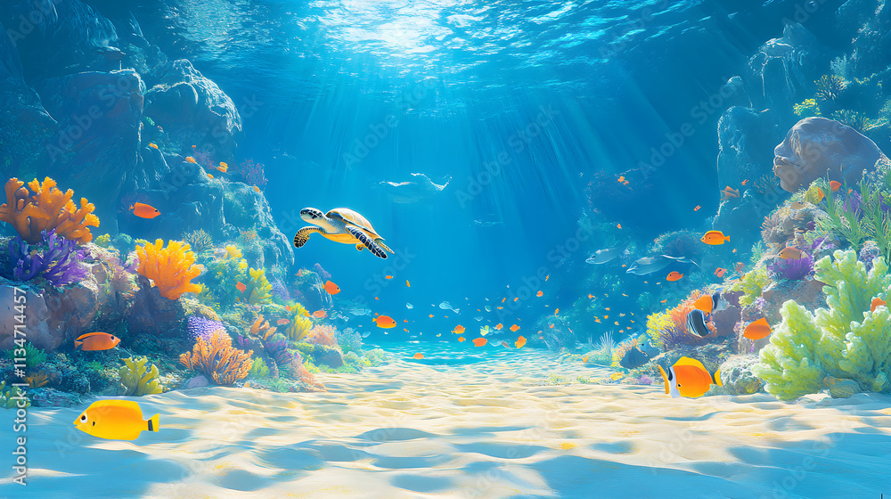 Naklejka premium Bustling Coral Reef: A Serene Underwater World Teeming with Marine Life and Natural Wonders