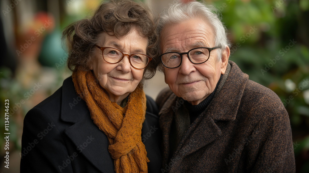 A loving elderly couple wearing glasses and warm clothing, smiling warmly at the camera in a lush outdoor setting. A loving elderly couple wearing glasses and warm clothing, smiling warmly at the camera in a lush outdoor setting.