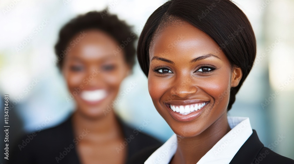 A professional woman smiles confidently, showcasing her bright teeth, while another smiling woman is blurred in the background. A professional woman smiles confidently, showcasing her bright teeth, while another smiling woman is blurred in the background.
