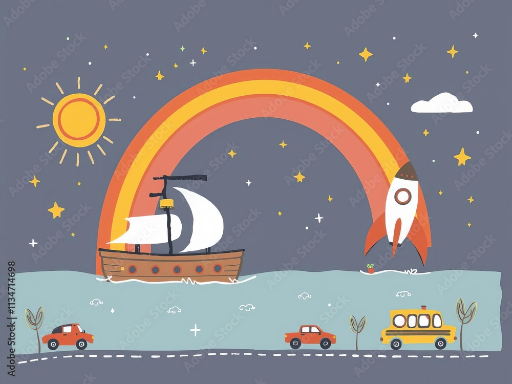 Naklejka premium Colorful bohemian nursery poster with cute cartoon characters and hand-drawn lettering featuring a sun, rainbow, bear, cars, ship, space rocket, and stars, space rocket, characters