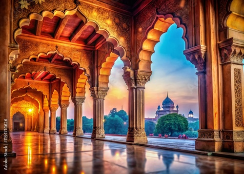 Breathtaking Bokeh Effect of Arches Inside Diwani Am Hall at the Historic Red Fort Lal Qila in Old Delhi, India, Showcasing Mughal Architecture's Grandeur and Elegance photo