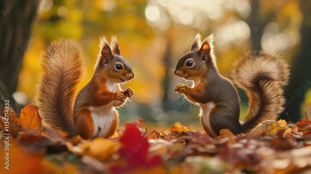 Two squirrels interacting in a park during autumn with colorful fallen leaves. Two squirrels interacting in a park during autumn with colorful fallen leaves.