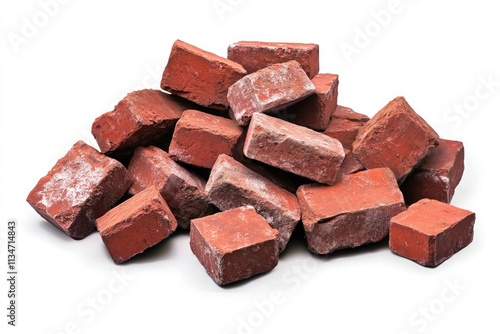 A small pile of scattered red bricks, about 30 red bricks, transparent background, 45 degree lighting, natural realistic style photo