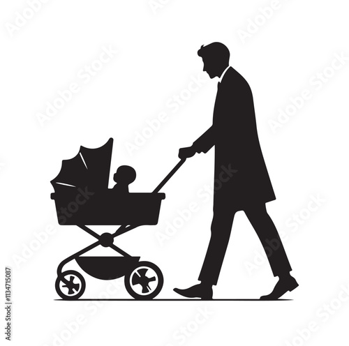 a man pushing a baby in a stroller silhouette vector illustration