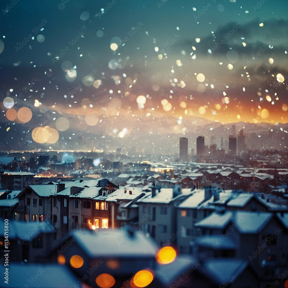 Obraz premium frosty city street at night with street lamps glowing on icy snow covered roads Winter Photo