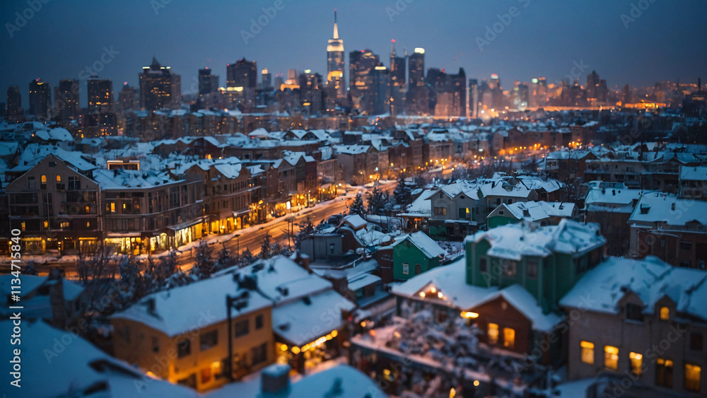 Naklejka premium dark winter night in the city with glowing street lamps illuminating the snow covered streets Winter Photo