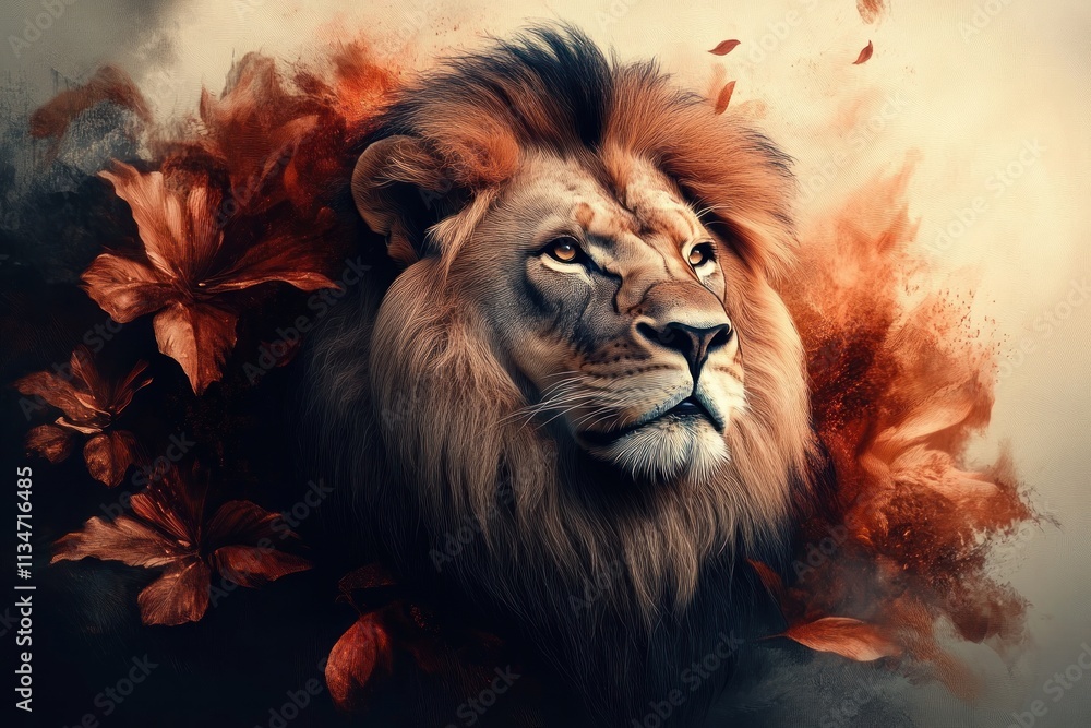 Majestic Lion with Abstract Floral Elements in Spirituality and Faith