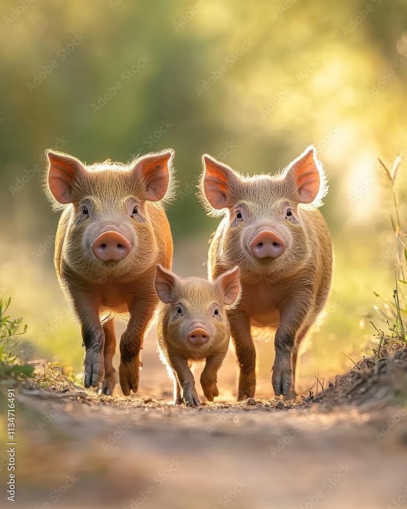 Family of Joyful Pigs Strolling Down a Sunny Path in a Lush Green Meadow Family of Joyful Pigs Strolling Down a Sunny Path in a Lush Green Meadow