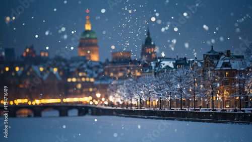 icy roads and glowing street lamps on a quiet winter night in the snow covered city streets Winter Photo