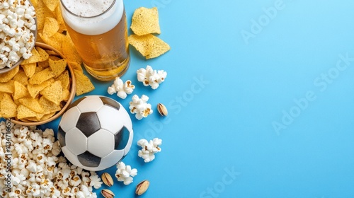 Soccer Snack Time: Assorted Goodies and Ice Cold Beer on Pastel Blue Background - Perfect for Ads or Messages photo