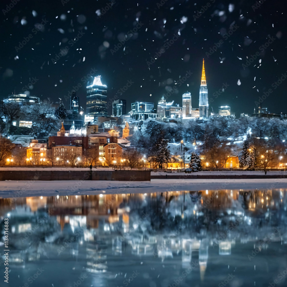 Fototapeta premium peaceful snow covered roads in a city at night with warm street lamps glowing across the frozen streets Winter Photo