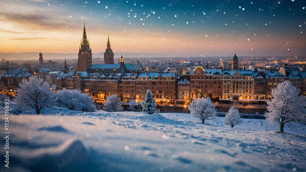 Fototapeta premium peaceful snow covered urban streets illuminated by soft warm lamps on a cold winter evening Winter Photo