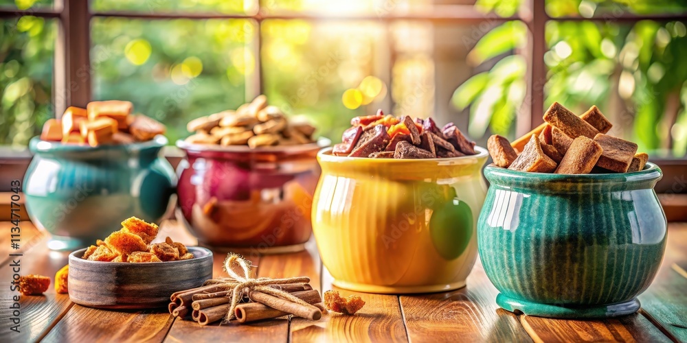 Fototapeta premium A Festive Table Setting with Colorful Bowls Filled with Crunchy Treats and Aromatic Cinnamon Sticks
