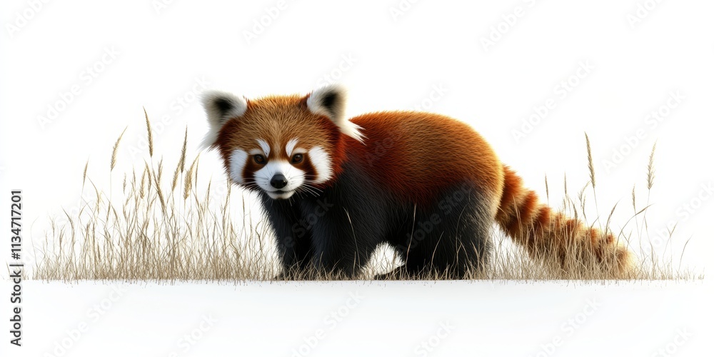 A captivating 3D visualization of a red panda playing in the grass, isolated with a neutral white background A captivating 3D visualization of a red panda playing in the grass, isolated with a neutral white background