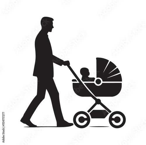 a man pushing a baby in a stroller silhouette vector illustration