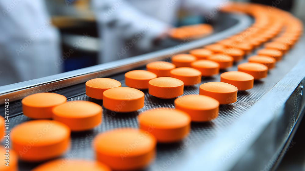 Close-up of orange tablets moving along a conveyor belt in a pharmaceutical factory, highlighting precision and mass production. Close-up of orange tablets moving along a conveyor belt in a pharmaceutical factory, highlighting precision and mass production.