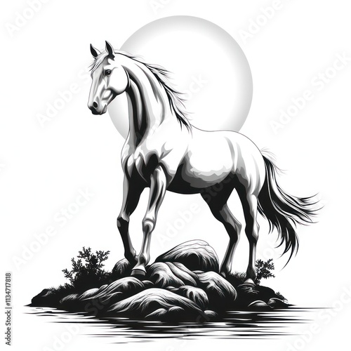 Majestic white horse standing on rocks by the water under a full moon. photo