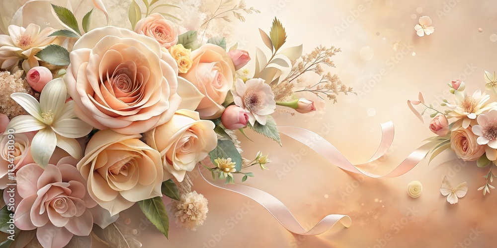 Fototapeta premium A delicate arrangement of blush-toned roses, lilies, and other blossoms with a flowing ribbon, capturing the essence of springtime romance.