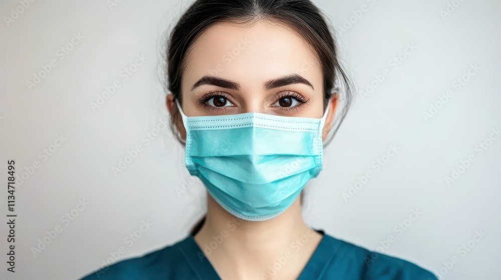 A healthcare worker in a blue mask is looking directly at the camera, presenting a professional and focused demeanor. A healthcare worker in a blue mask is looking directly at the camera, presenting a professional and focused demeanor.