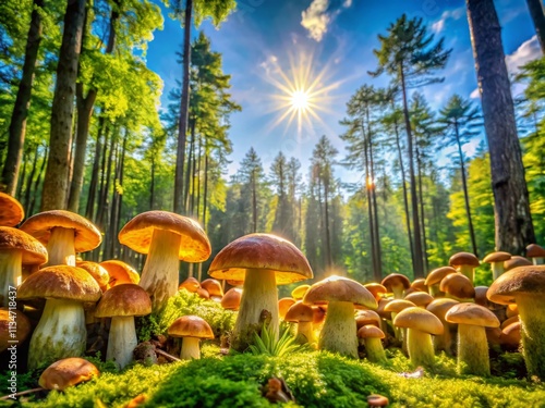 Breathtaking Panoramic View of Ceps and Lentilles in Lush Forest Setting, Showcasing Nature's Splendor and the Richness of Fungi and Lentil Crops in Vibrant Colors photo