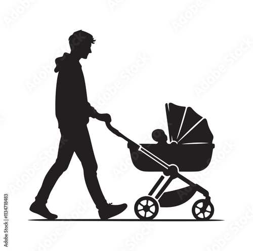 a man pushing a baby in a stroller silhouette vector illustration