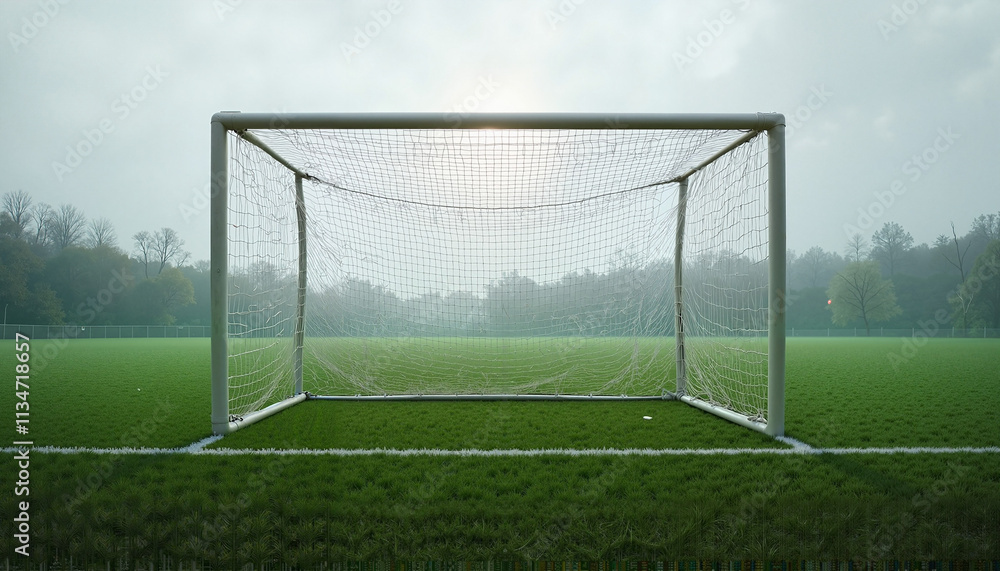 Fototapeta premium Empty soccer goal on a foggy field with lush green grass and a misty background 
