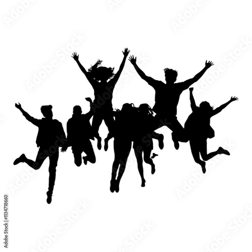 Silhouette of a group of happy people jumping with their arms raised high.