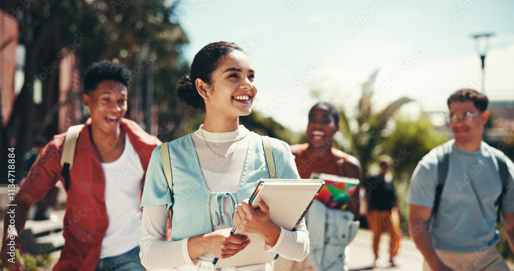 Obraz premium Campus, college and walking with student friends outdoor together for learning or study at university. Education, future and thinking with learner group at school for knowledge or scholarship