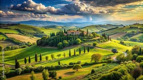 Breathtaking Panoramic View of the Italian Countryside Featuring Lush Fields, Traditional Farms, Verdant Trees, and Rolling Hills Under a Clear Blue Sky