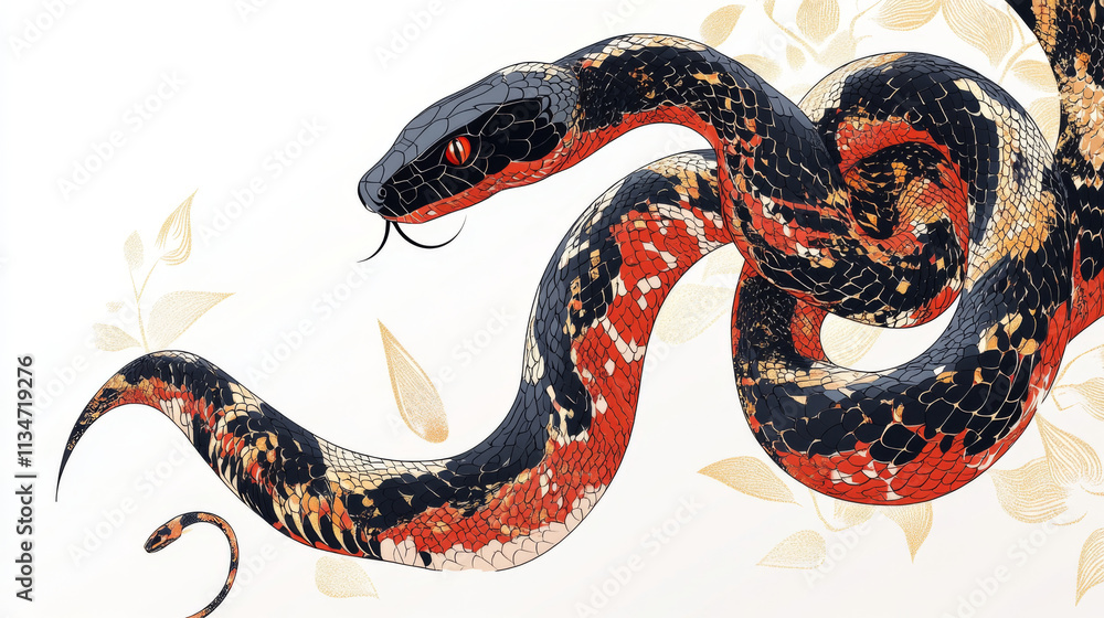 Obraz premium striking illustration of snake with vibrant red, black, and orange scales, coiling gracefully against light background adorned with subtle leaf patterns