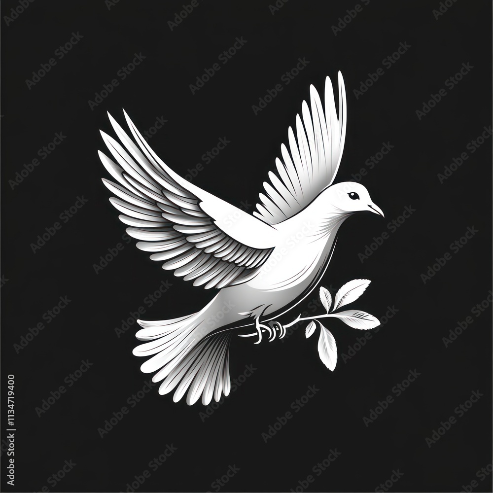 Obraz premium White dove in flight carrying olive branch, black background.