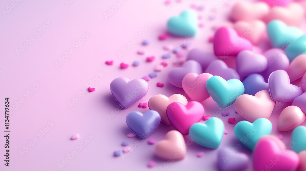 Colorful heart-shaped candies scattered on a soft pastel background. Colorful heart-shaped candies scattered on a soft pastel background.
