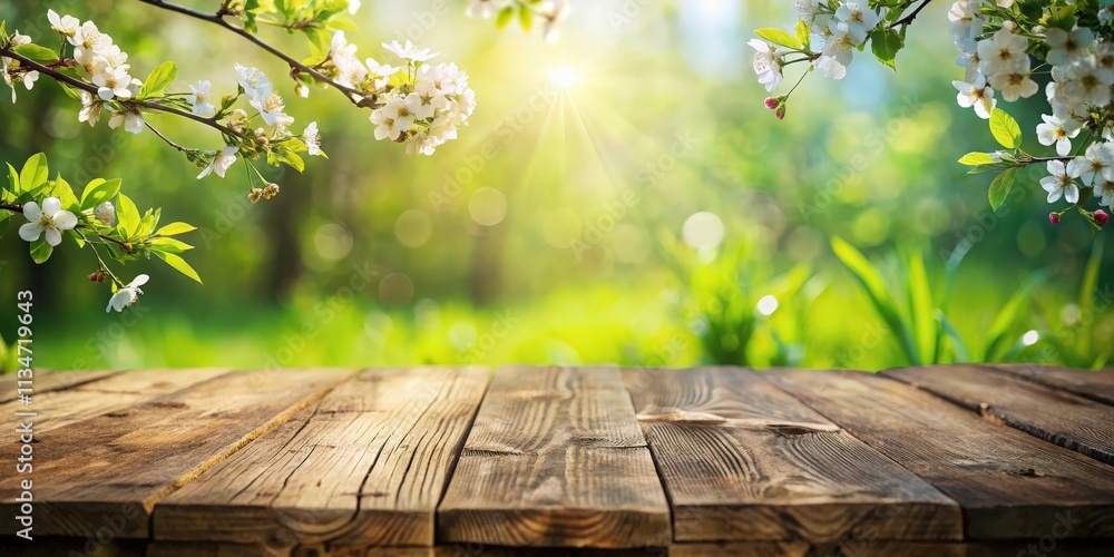 A Rustic Wooden Tabletop with a Sunlit Springtime Blurred Background of Blooming Flowers and Lush Foliage A Rustic Wooden Tabletop with a Sunlit Springtime Blurred Background of Blooming Flowers and Lush Foliage