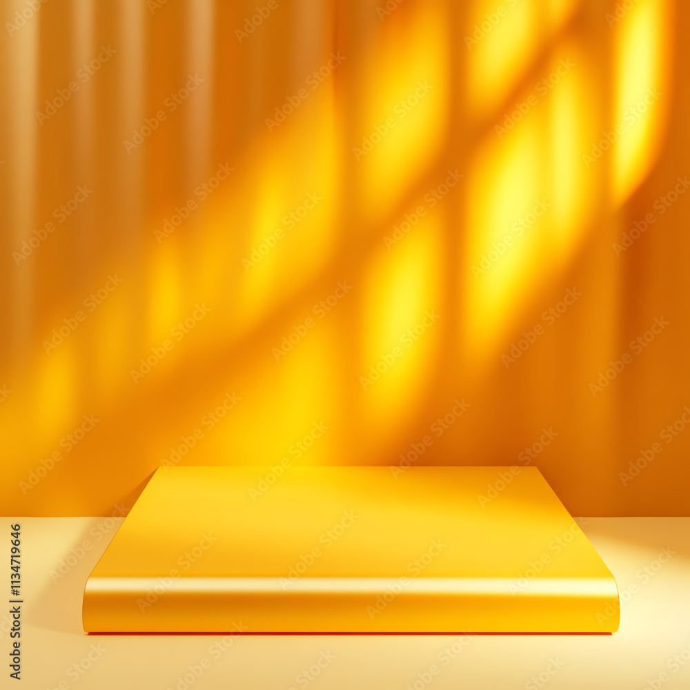 A bright yellow display platform with soft lighting and vibrant backdrop. A bright yellow display platform with soft lighting and vibrant backdrop.