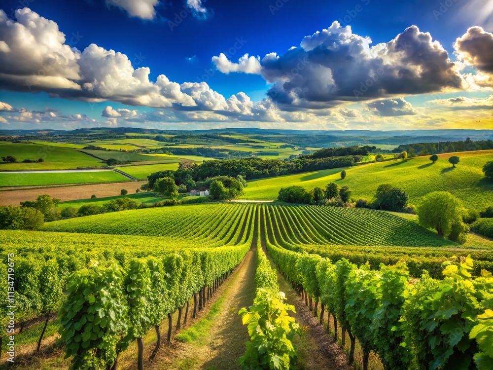 Fototapeta premium Breathtaking Summer Rural Landscape Featuring Lush Green Vineyards Under a Clear Blue Sky with Vibrant Nature and Scenic Views Perfect for Travel and Agriculture Themes