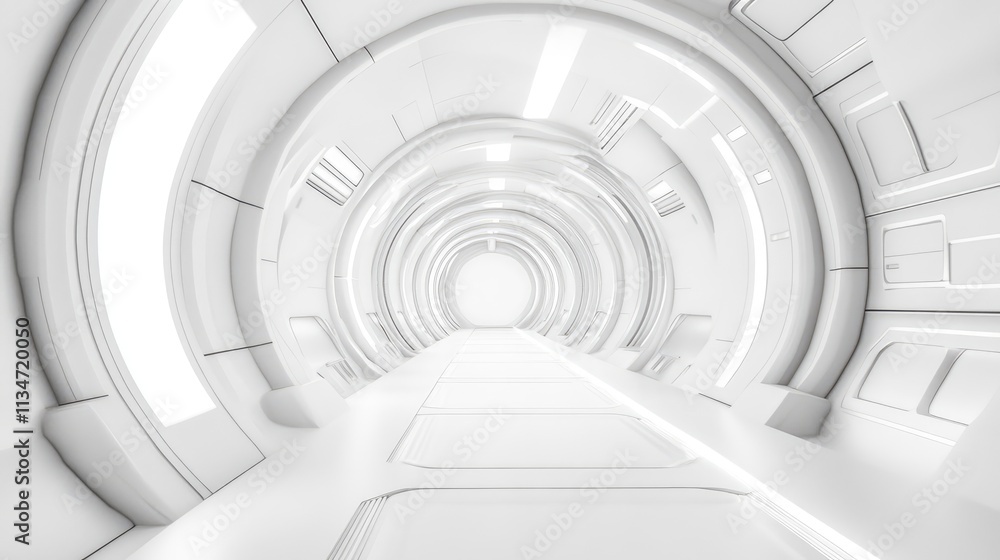 White corridor, tunnel in spaceship or future building White corridor, tunnel in spaceship or future building