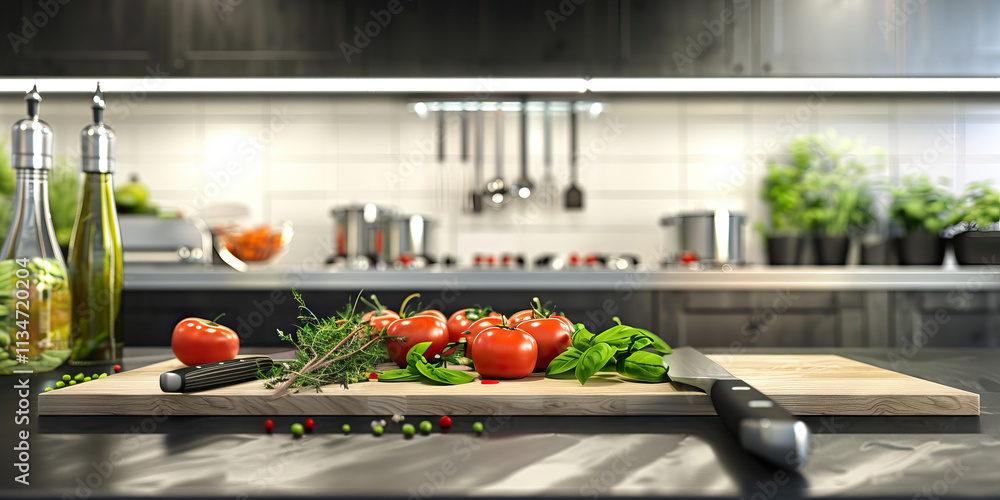 Tomatoes, Herbs, and Knife on Cutting Board in Modern Kitchen Tomatoes, Herbs, and Knife on Cutting Board in Modern Kitchen