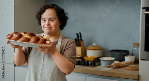 Young caucasian female with down syndrome smiling in kitchen holding freshly baked pastries