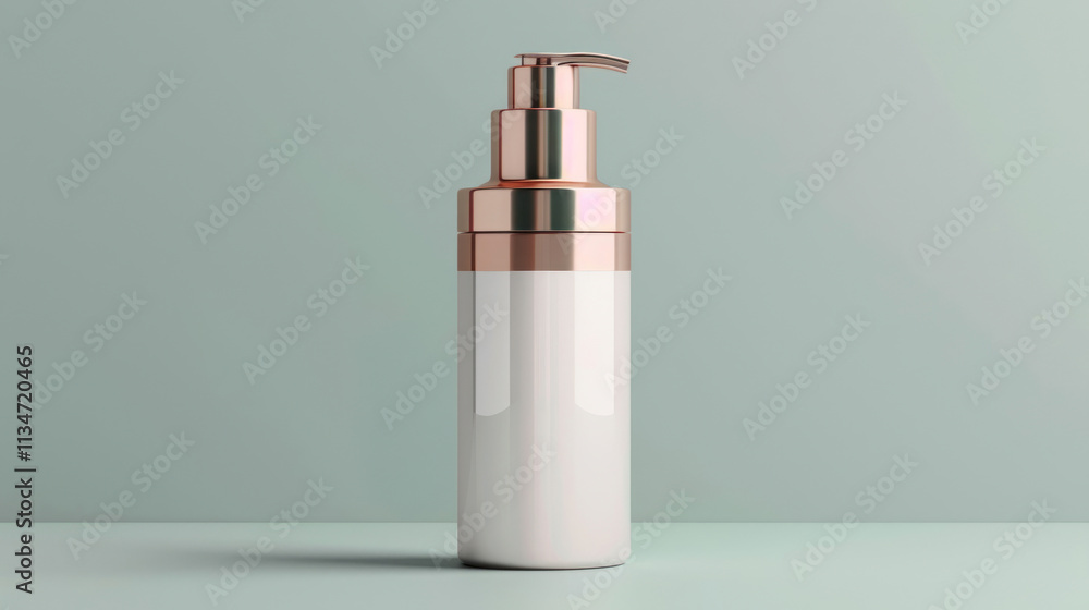 Stylish cosmetic bottle mock-up with smooth curves, metallic cap, and a customizable label area Stylish cosmetic bottle mock-up with smooth curves, metallic cap, and a customizable label area