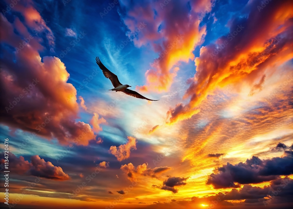 Obraz premium Breathtaking Sunset with Dramatic Clouds Framing a Bird's Wing Silhouette in Candid Photography - Nature's Beauty Captured in a Moment of Serenity