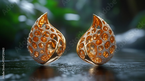 Gold earrings featuring liquidinspired forms intricate details merging elegance with dynamic and fluid movement photo