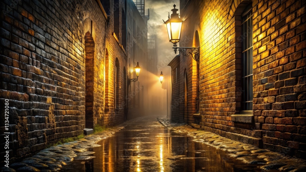 A dimly lit cobblestone alleyway with brick walls illuminated by gas lamps, reflecting in a puddle of water after a recent rain shower. A dimly lit cobblestone alleyway with brick walls illuminated by gas lamps, reflecting in a puddle of water after a recent rain shower.