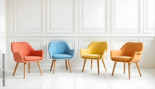 Four colorful chairs in a minimalist room with white paneled walls.