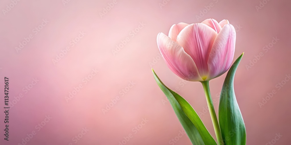 A Single Pink Tulip with Delicate Petals and Lush Green Leaves Against a Soft Pink Background A Single Pink Tulip with Delicate Petals and Lush Green Leaves Against a Soft Pink Background
